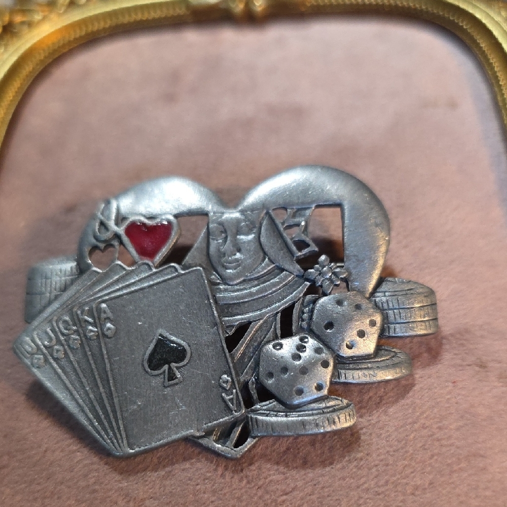 Vintage AJC Gambler's Card & Dice Pewter Brooch with Red Heart Accent